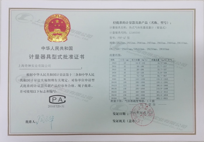 計(jì)量器具型式批準(zhǔn)證書(shū)